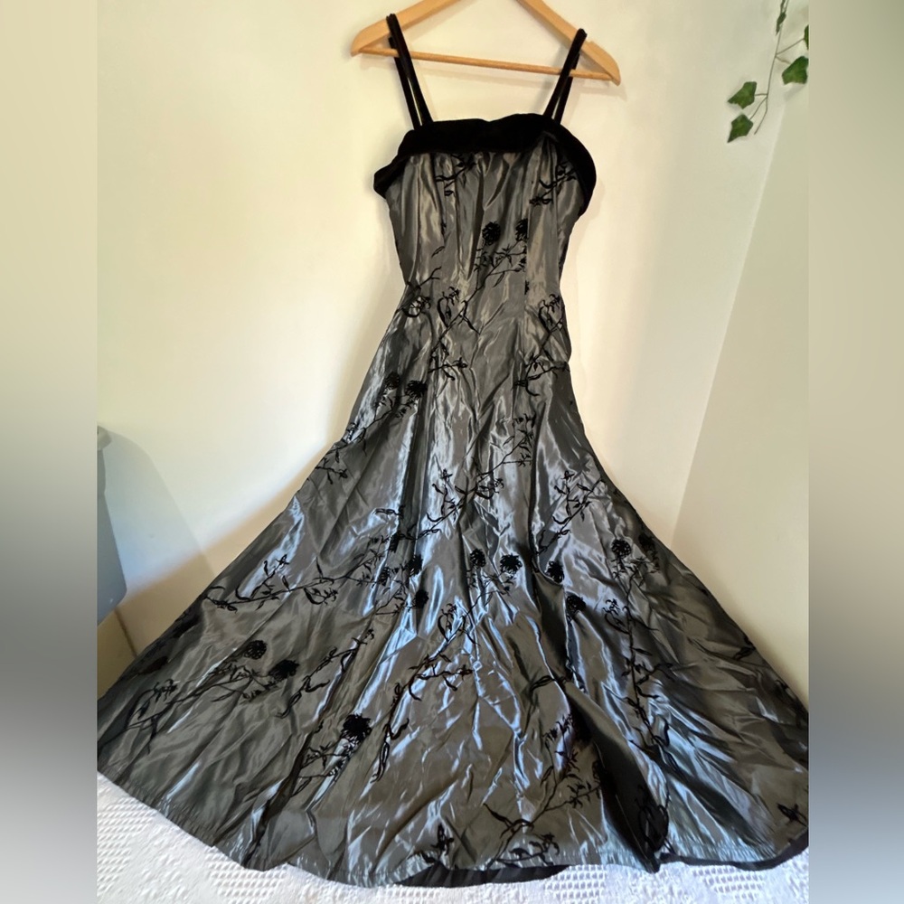 Dave & Johnny Silver Satin Gown with Black Floral Appliqué